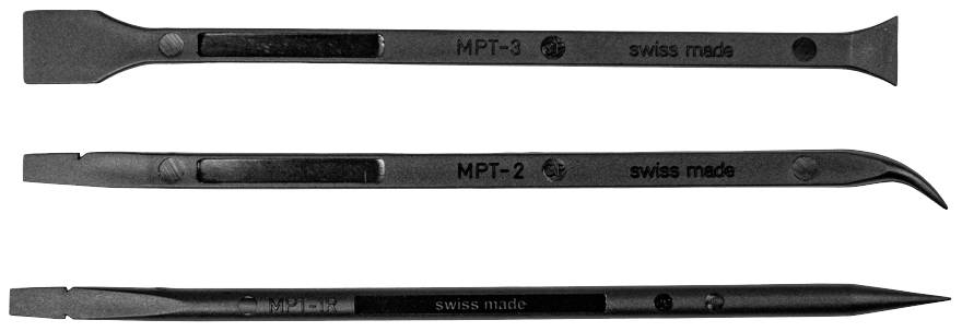 Three watchmaker tools side by side: a flat lever (MPT-3), a curved lever (MPT-2) and a pointed pin, all 'Swiss made'.