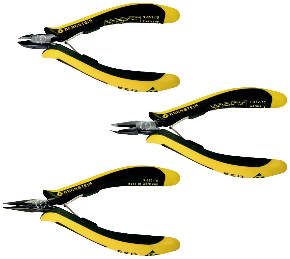 Three yellow-black tools: a side cutter, a pointed pliers and a wire stripper from Bernstein. All display the inscription 'Made in Germany'.
