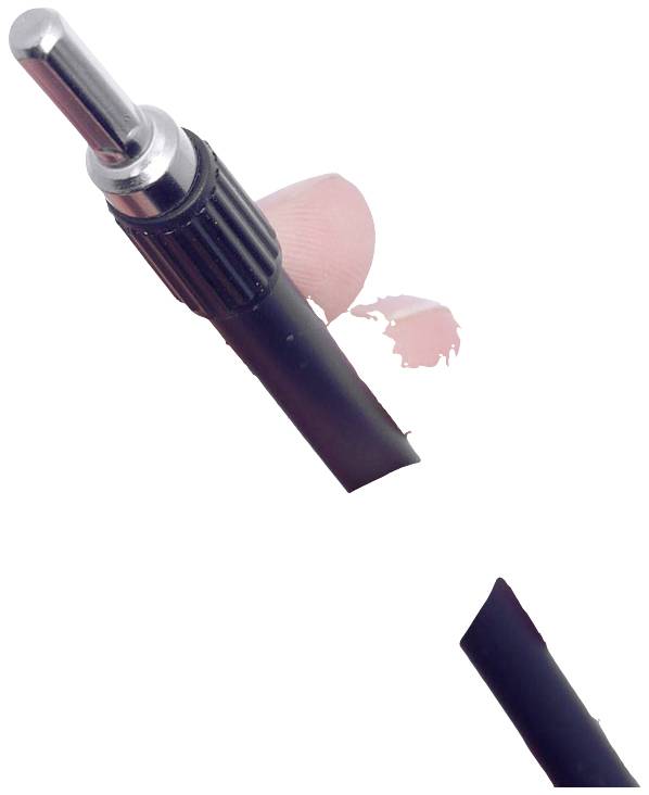Close-up of a straight connector cable with a metal tip and black sheathing
