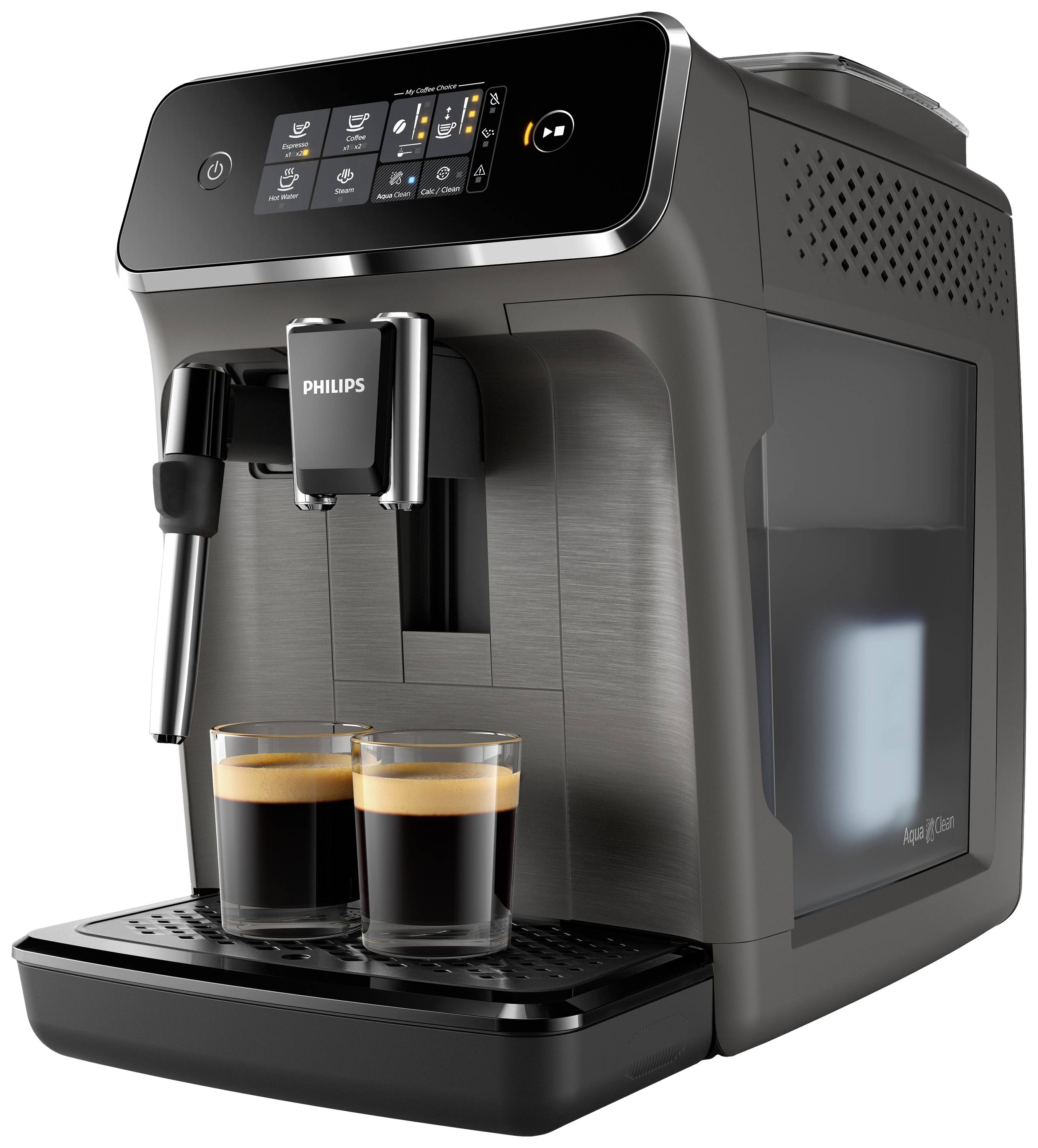 Fully automatic coffee machine with digital display, two freshly brewed espressos beneath. Device in modern stainless steel finish.