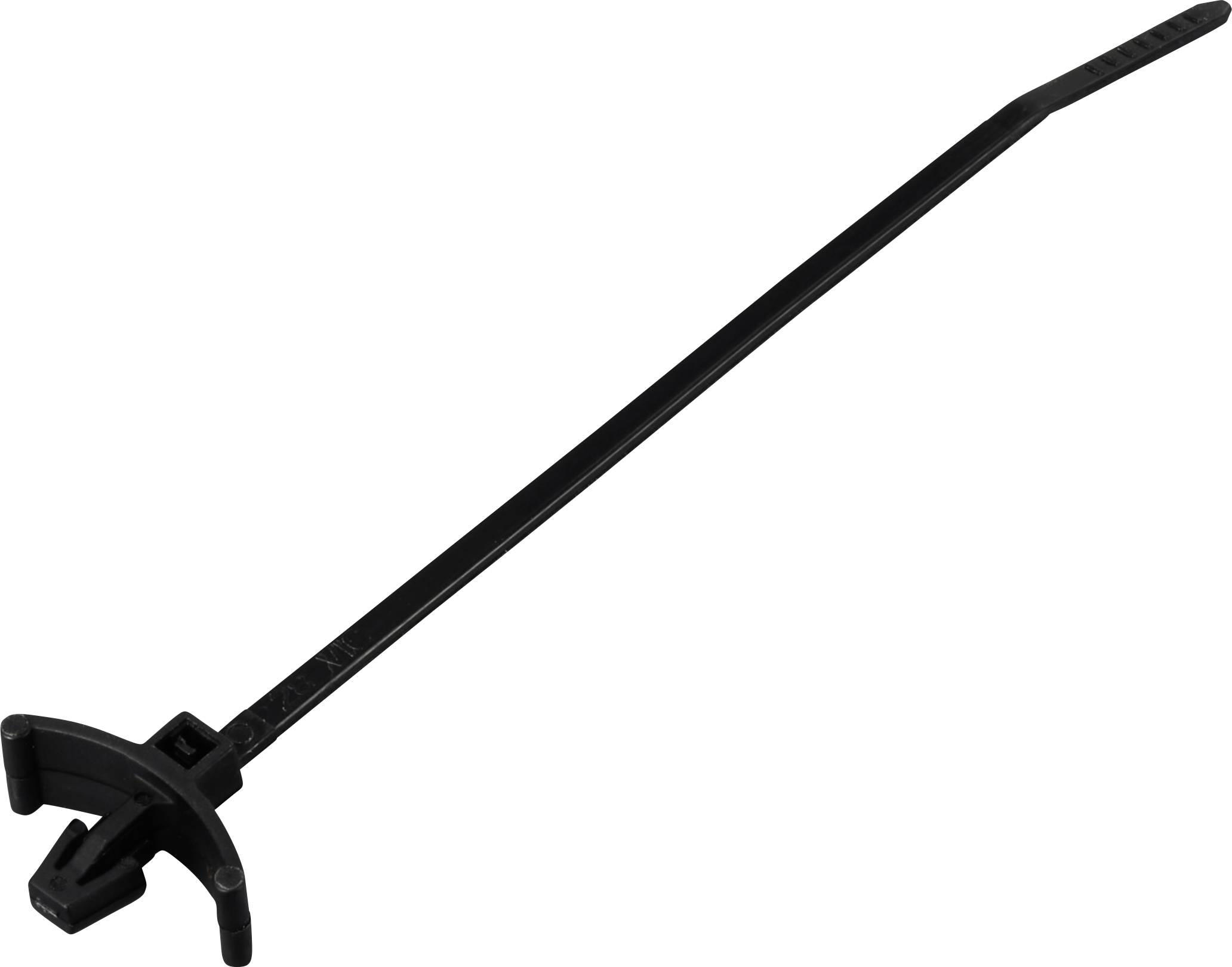 A black cable tie on a white background.