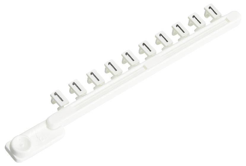 A white plastic strip with ten small hooks arranged at regular intervals. Possible use as a cable management clip.