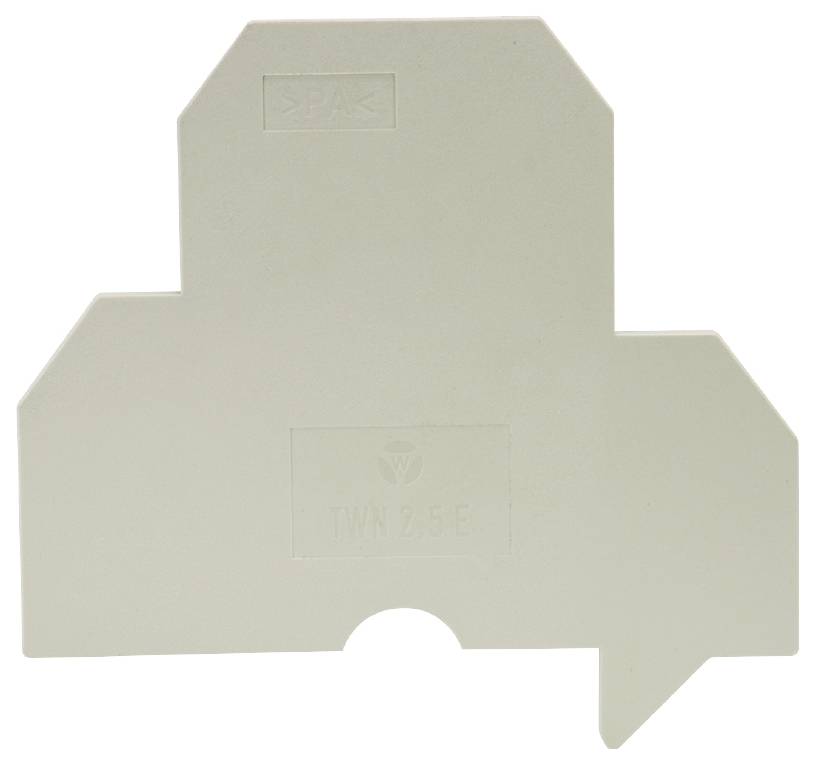 Grey DIN rail end cover with the inscription 'TWN 2.5 E', for electrical insulation and mechanical protection in electrical enclosures.
