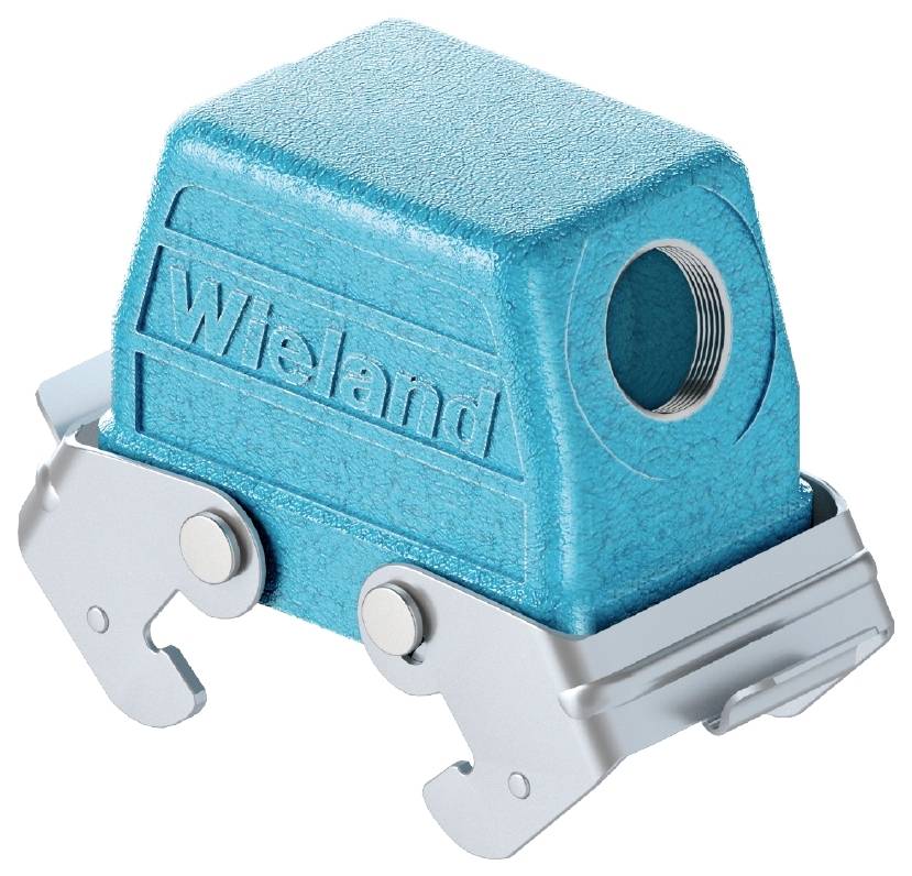A blue electrical connector with the printed 'Wieland' lettering on the surface, mounted on a grey base.