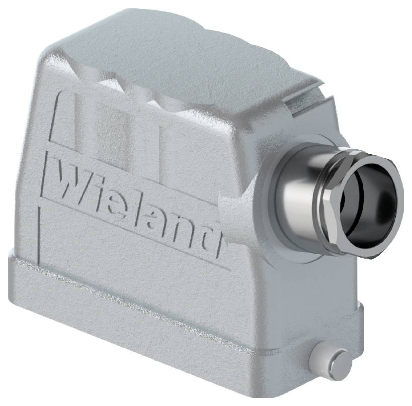 A rectangular, silver-coloured casing with the inscription 'Wieland', designed for electrical connections, shows a metal thread on the right side.