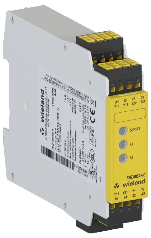 Safety relay by Wieland with yellow front panel and multiple connection terminals. Model SNZ 4055K-C, suitable for industrial applications.