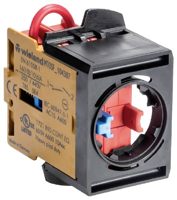 A Wieland electrical switch with a red and blue switch element, labelled with technical specifications such as voltage and current rating.