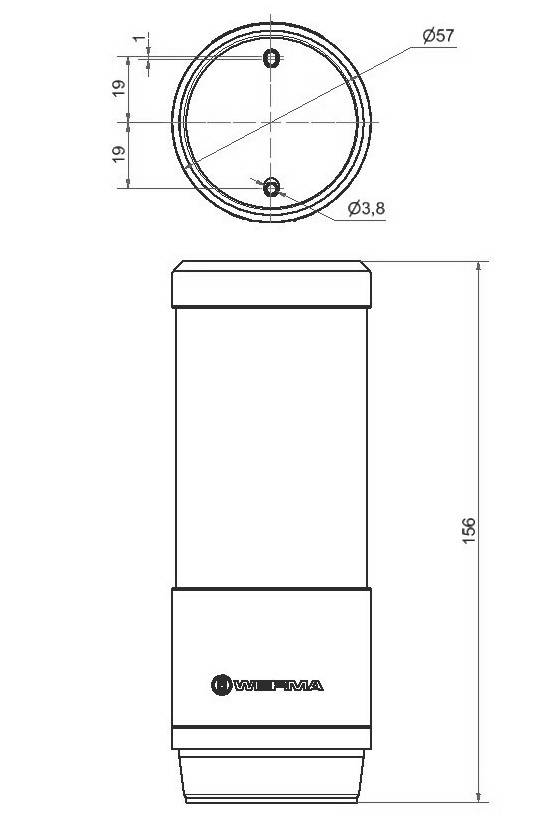Technische Zeichnung eines zylindrischen Bauteils mit Maßen: Durchmesser 57mm, Höhe 156mm. Zeigt Bohrungen und Positionen.