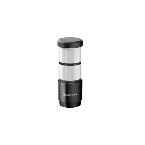 A black, cylindrical LED signal device with transparent, illuminated sections by WERMA, for visual alarm signalling.