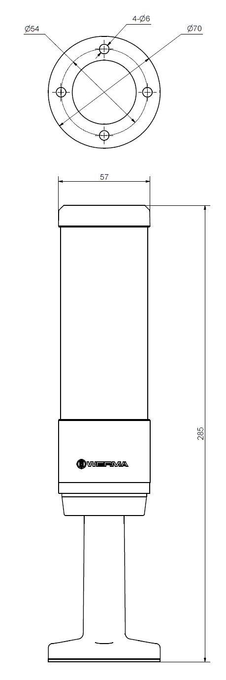 Technical drawing of a cylindrical component by 'Terapas', with dimensions: height 330 mm, diameter at top 70 mm, at bottom 57 mm, with mounting details.