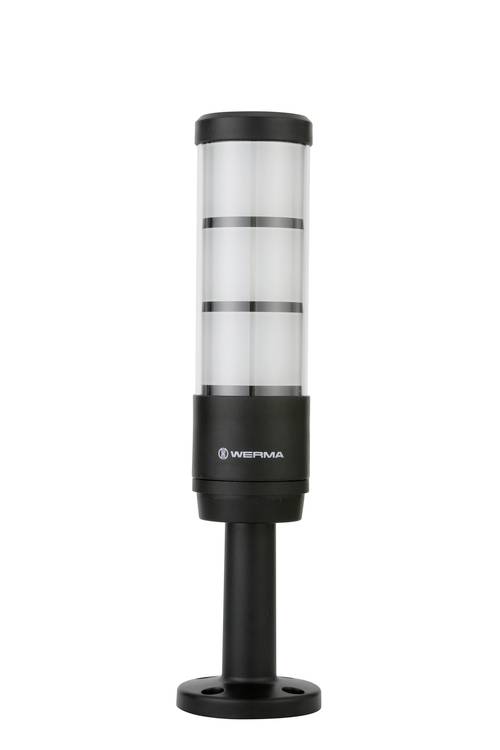 Signal light with three black-separated, illuminated segments on a black base.