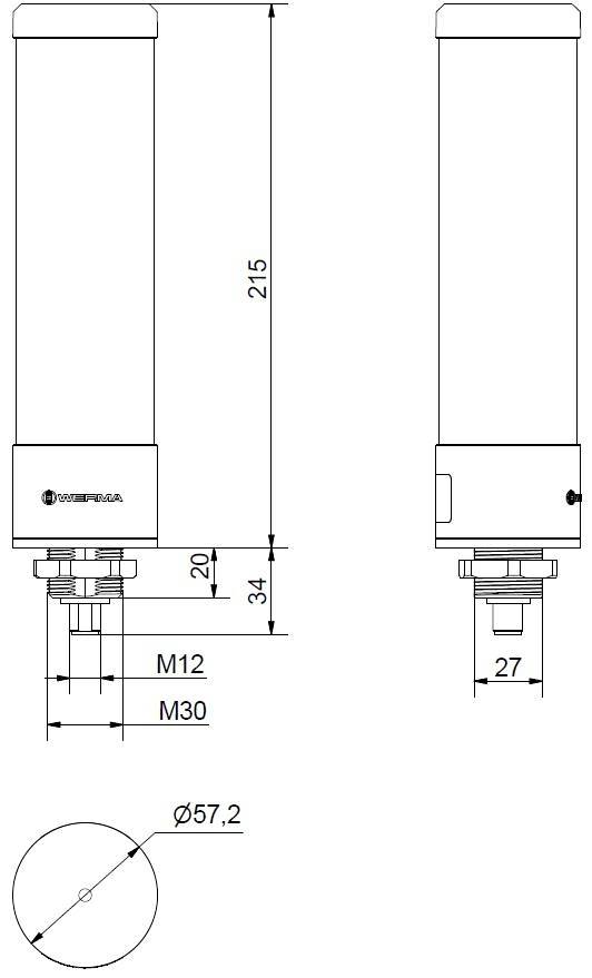 Technical drawing of a cylindrical part with dimensions. Total height: 215 mm, diameter: 57.2 mm. Provisions for M12 and M30 threads.