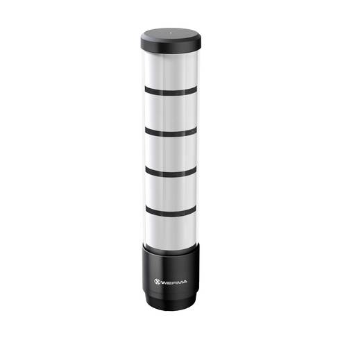 A LED signal tower with five translucent segments for indicating machine status or processes.