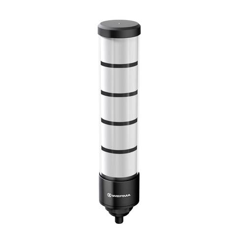 A cylindrical signal light with five black and white sections and a black base.