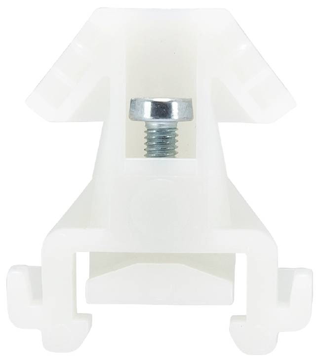 White plastic mounting clip with a metal threaded screw in the centre, likely used for installing lights or panels.