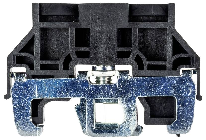 Black and metallic electrical connector, front view. It displays complex shapes and a central screw mounting.