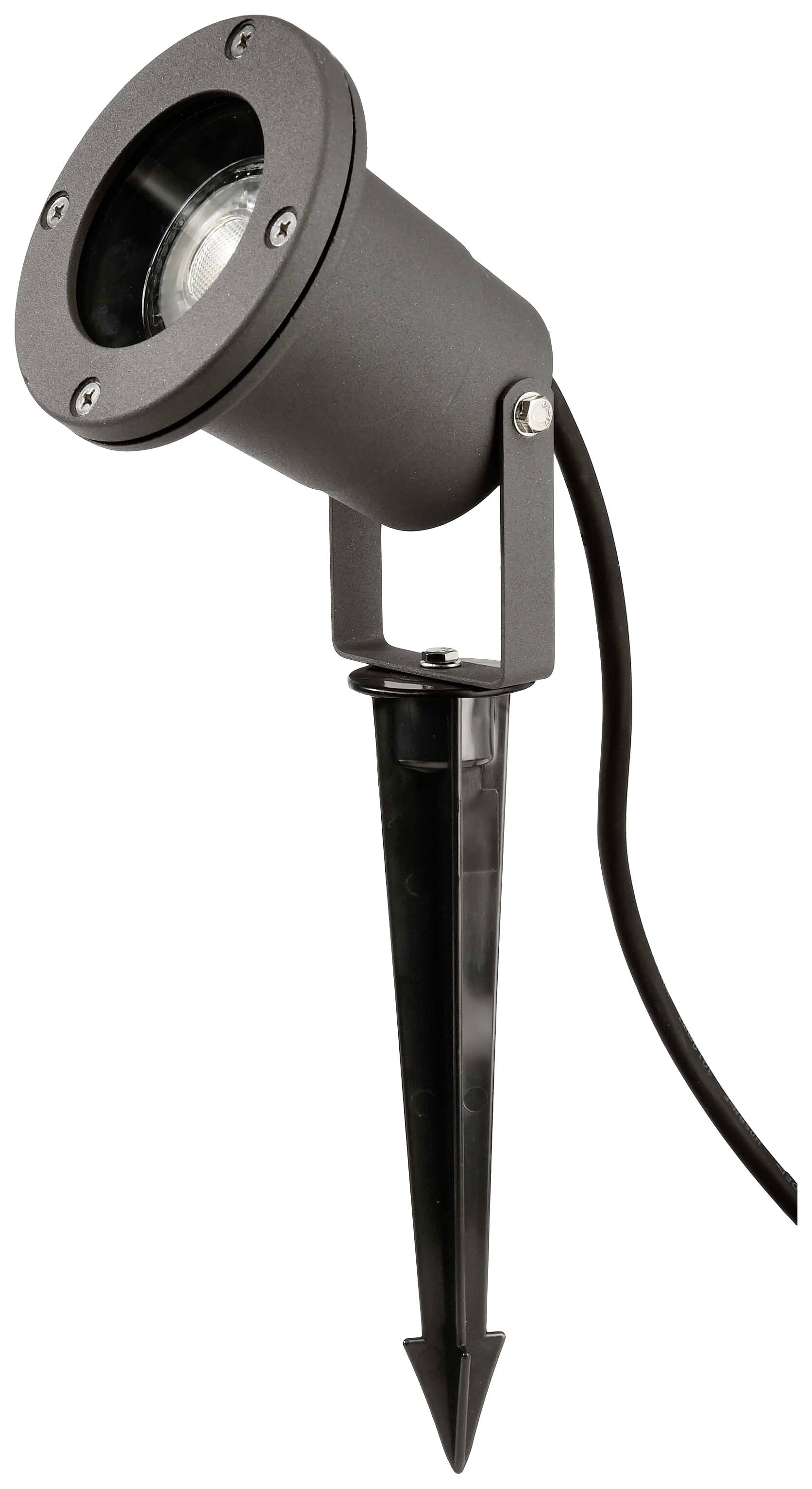 Garden spotlight with black housing and ground spike. Used for outdoor lighting to illuminate areas outside.Garden spotlight with black casing and ground stake. Used for exterior lighting to illuminate outdoor spaces.