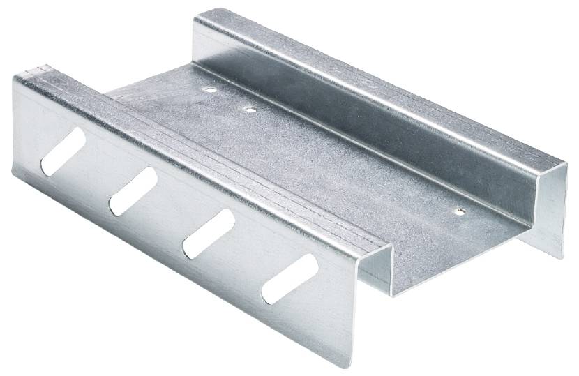 A galvanised metal profile with holes, used in the construction industry to connect or support building elements.