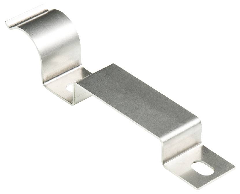 A stainless steel mounting bracket with a curved end and two fixing holes is used for installation or securing in technical applications.