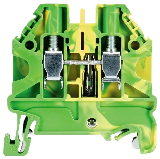 Green-yellow terminal block in profiled form with two screw connections and metal components, used in electrical circuits.