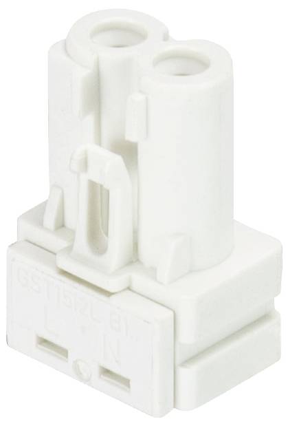 A white electrical connector with two sockets and a rectangular base, suitable for low-voltage applications.