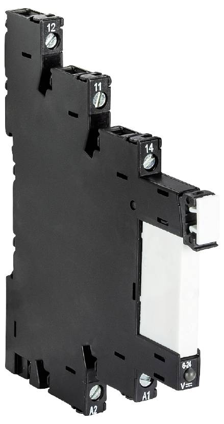 A relay module in a black housing with screw terminals and white labelling on the connections.