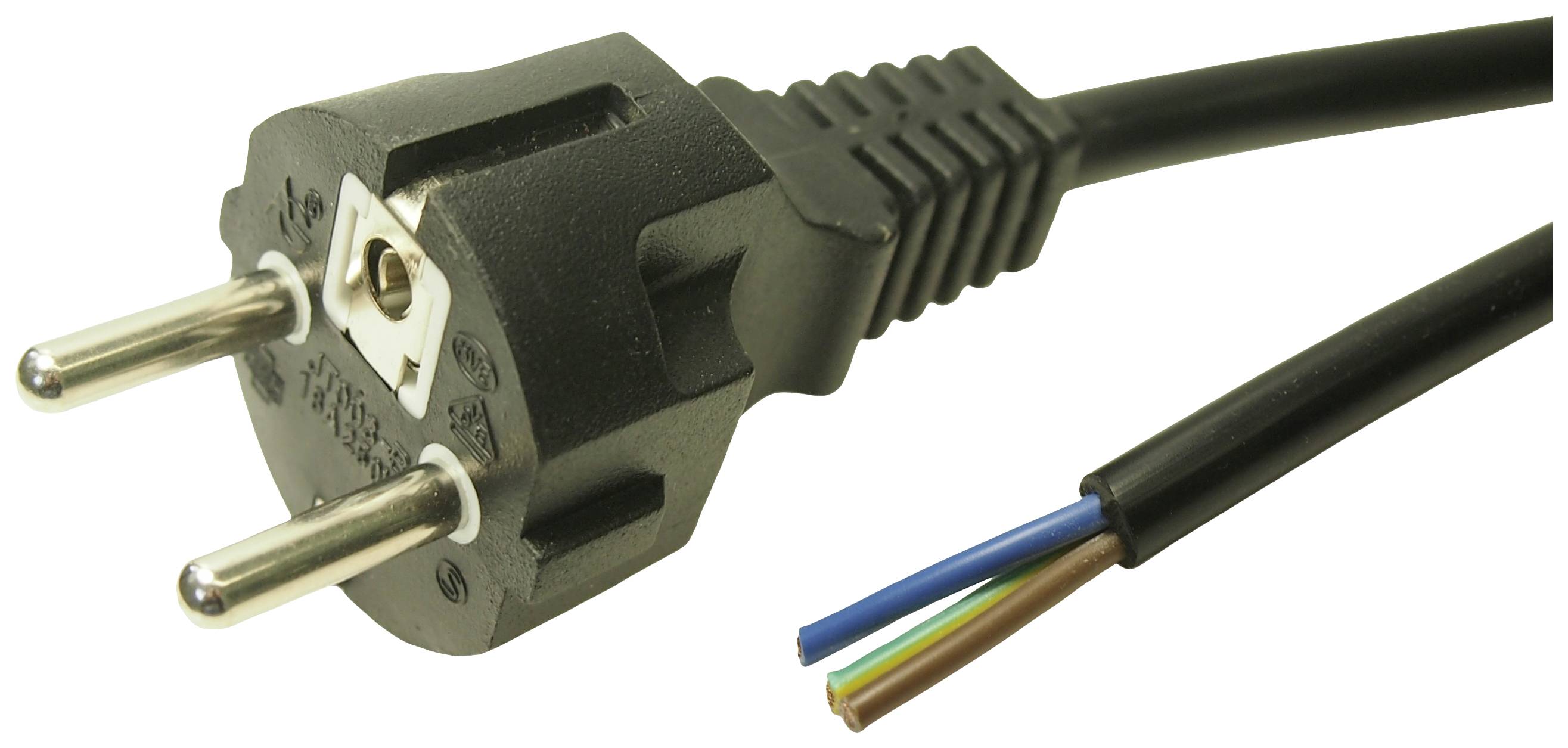 Black Euro plug with open cable ends: brown, blue, green-yellow. It is used for connecting electronic devices to electricity.