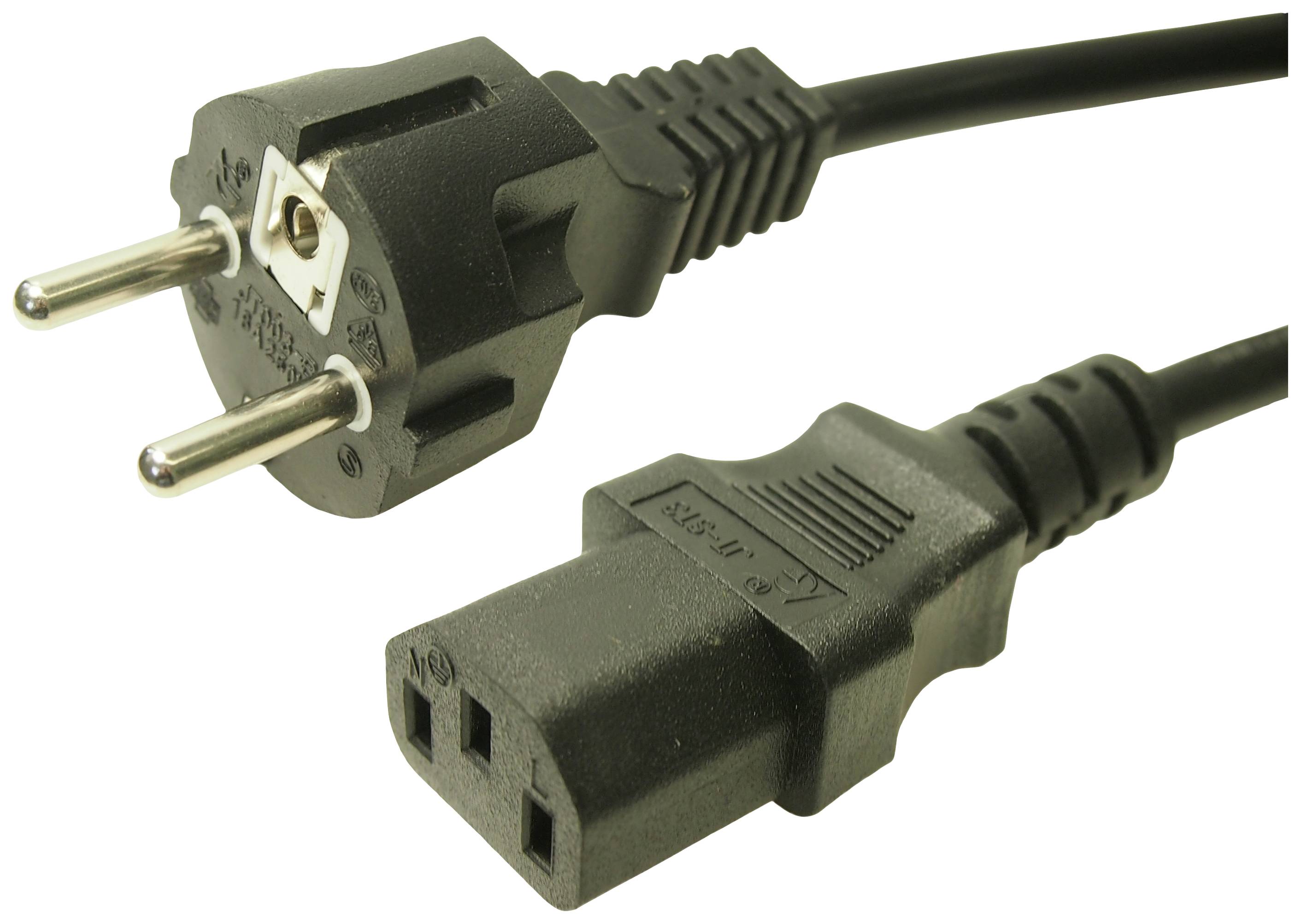 Black network cable with a European plug on the left and a cold device coupling plug on the right.