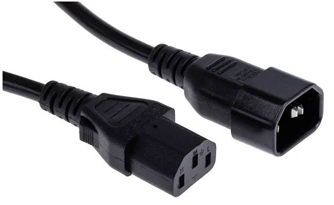A black mains cable with an IEC-60320-C13 plug and a C14 socket. Commonly used for computers and electrical equipment.