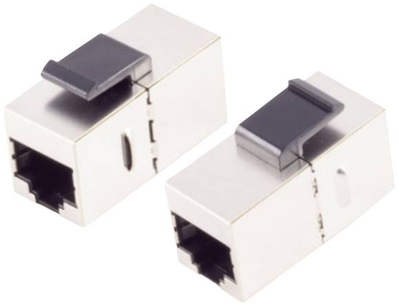 Two metallic RJ45 network sockets with black dust covers, positioned side by side, designed for connecting Ethernet cables.