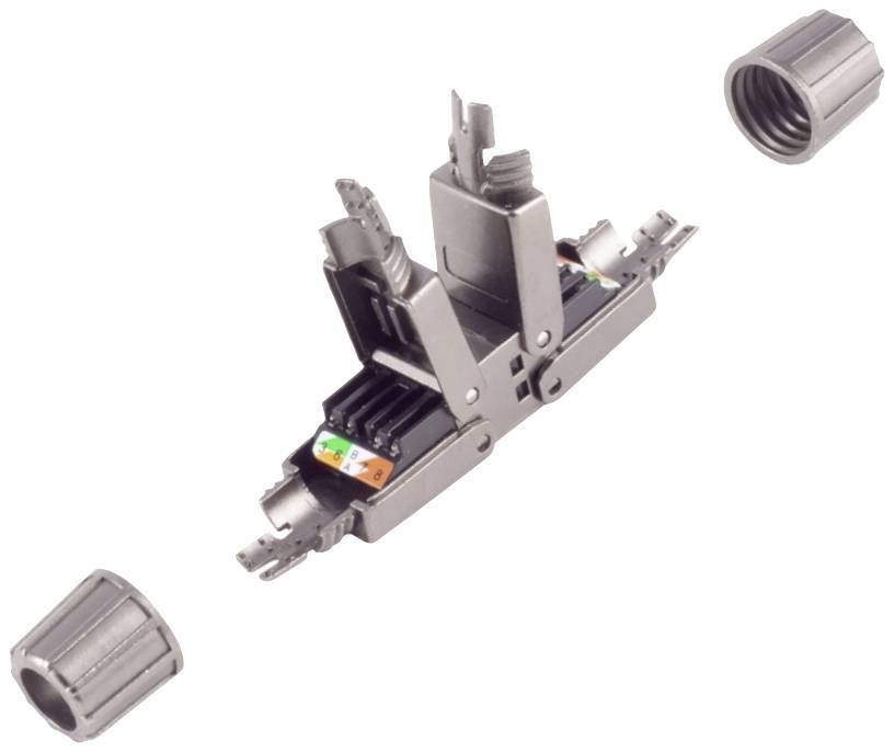 A metallic connector housing is open and reveals colourful connection wires inside. Two removable end caps are lying beside it.