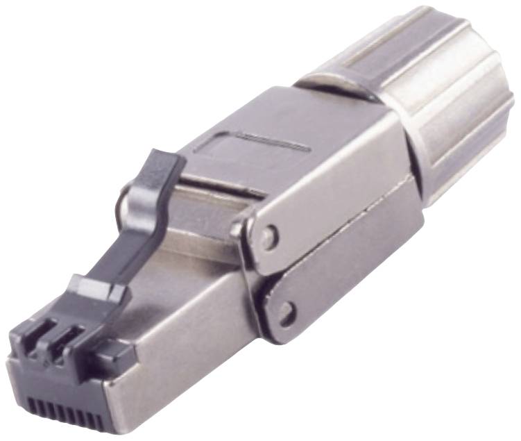 A RJ45 plug with a metal housing, suitable for robust network connections in industrial environments.