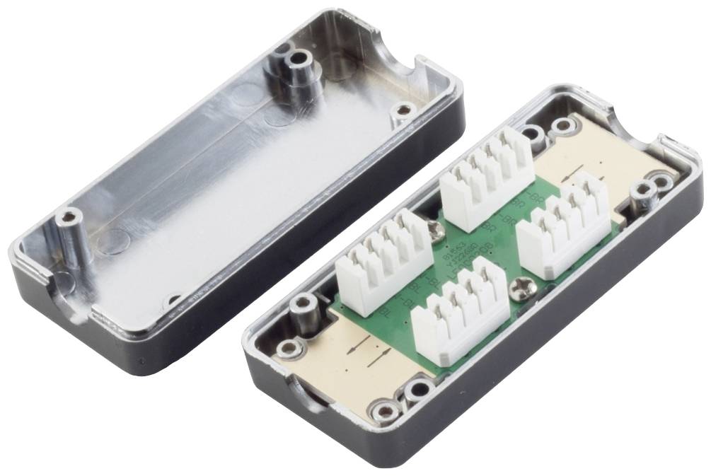 Two-part electronic component with a green circuit board and white connectors, enclosed within a metallic housing.