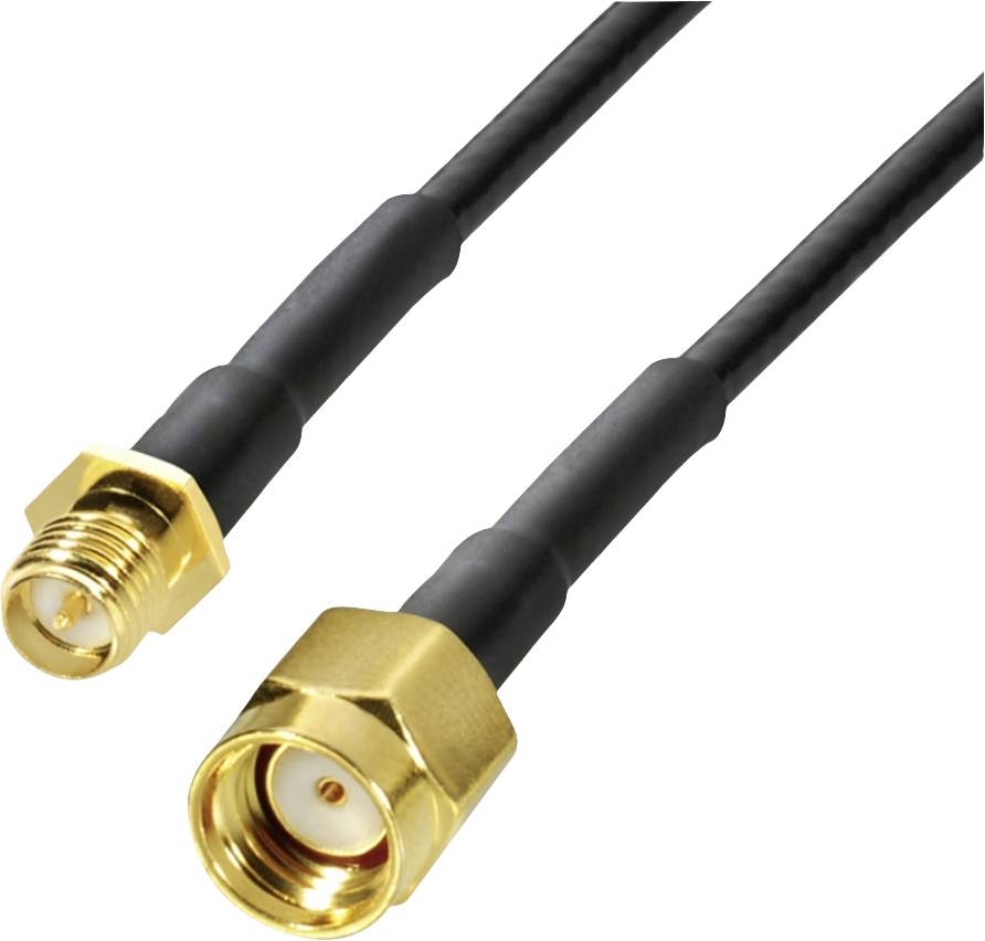 Two gold-plated coaxial connectors on cables, one male and one female plug, for high-frequency connections.