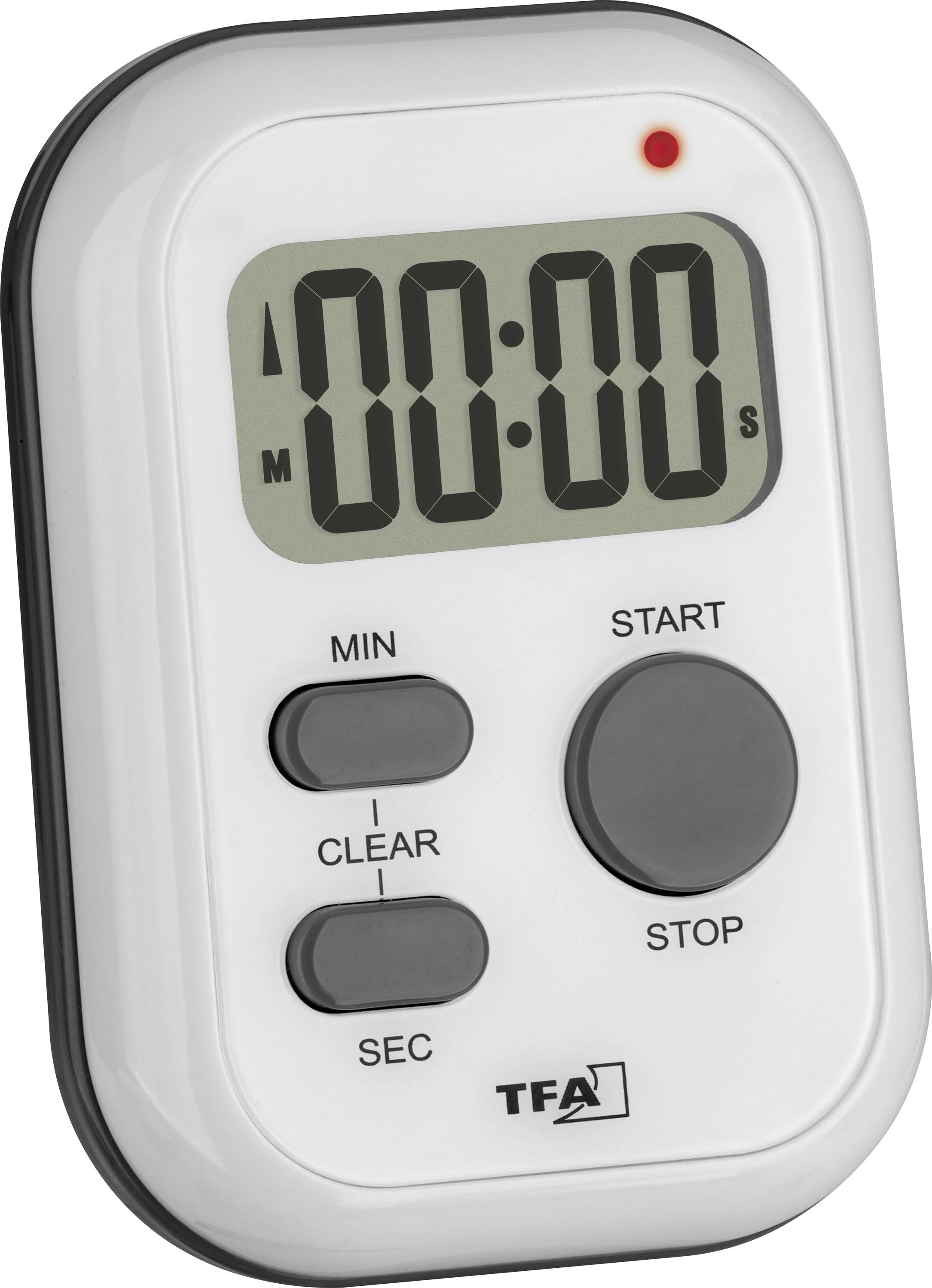 A digital kitchen timer with a large display shows '00:00'. It has buttons for minutes, seconds, start and stop. A red light is illuminated.