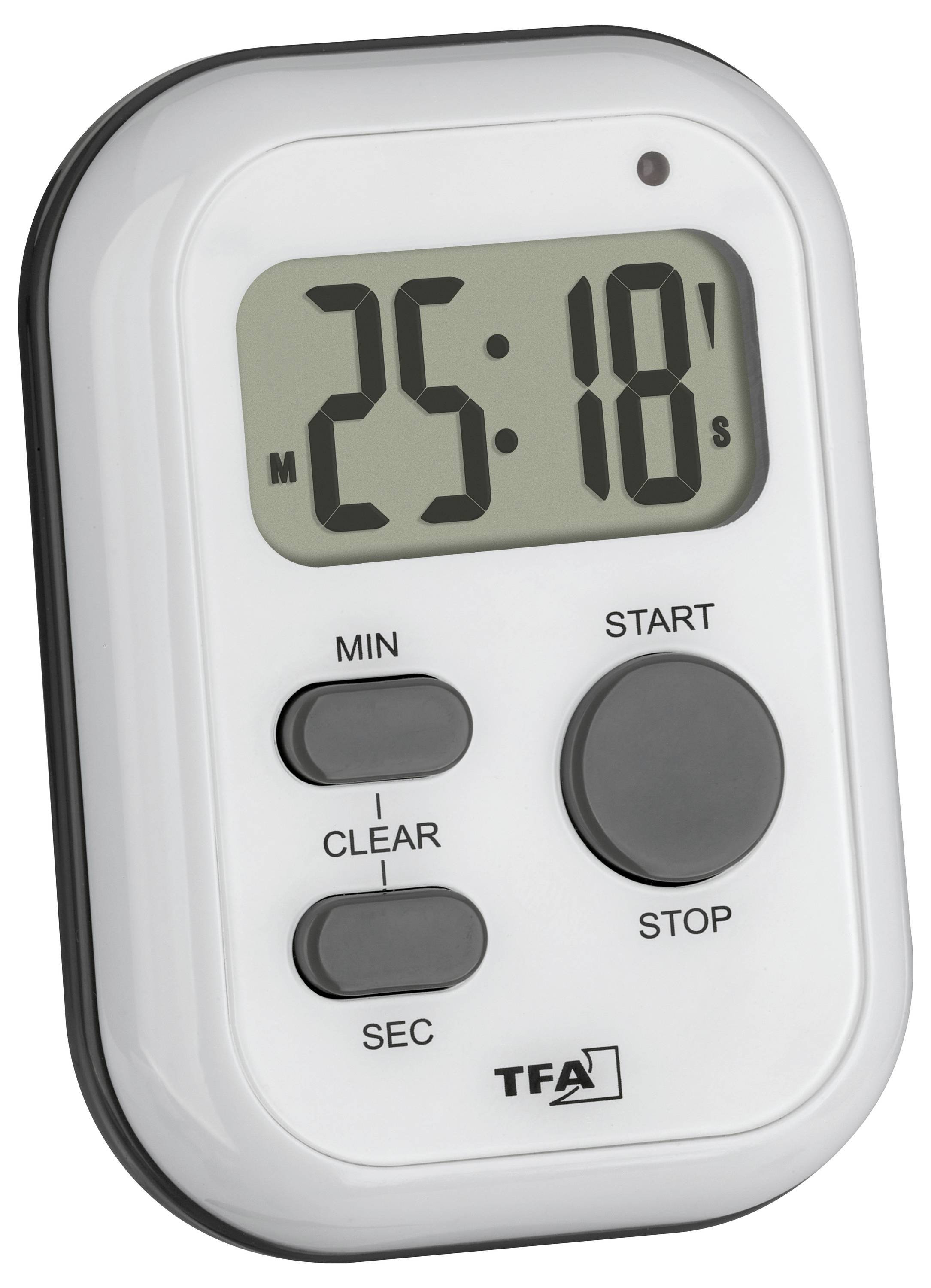 Digital kitchen timer with a running time of 25 minutes and 18 seconds. Buttons available for minutes, seconds, start, and stop.