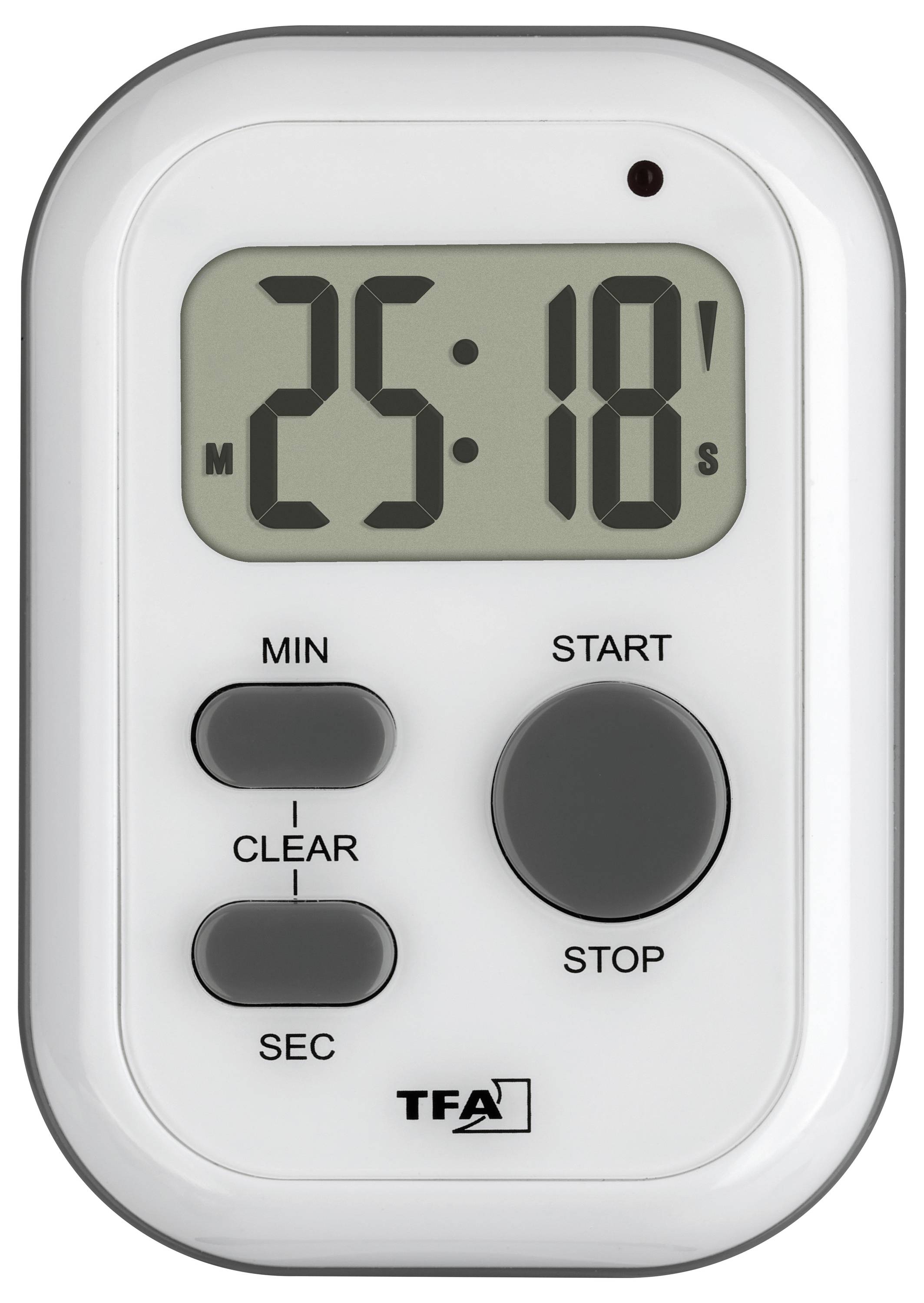 Electronic timer showing 25 minutes and 18 seconds. Buttons: 'Min', 'Clear', 'Sec', 'Start', 'Stop'. Marked with 'TFA'.