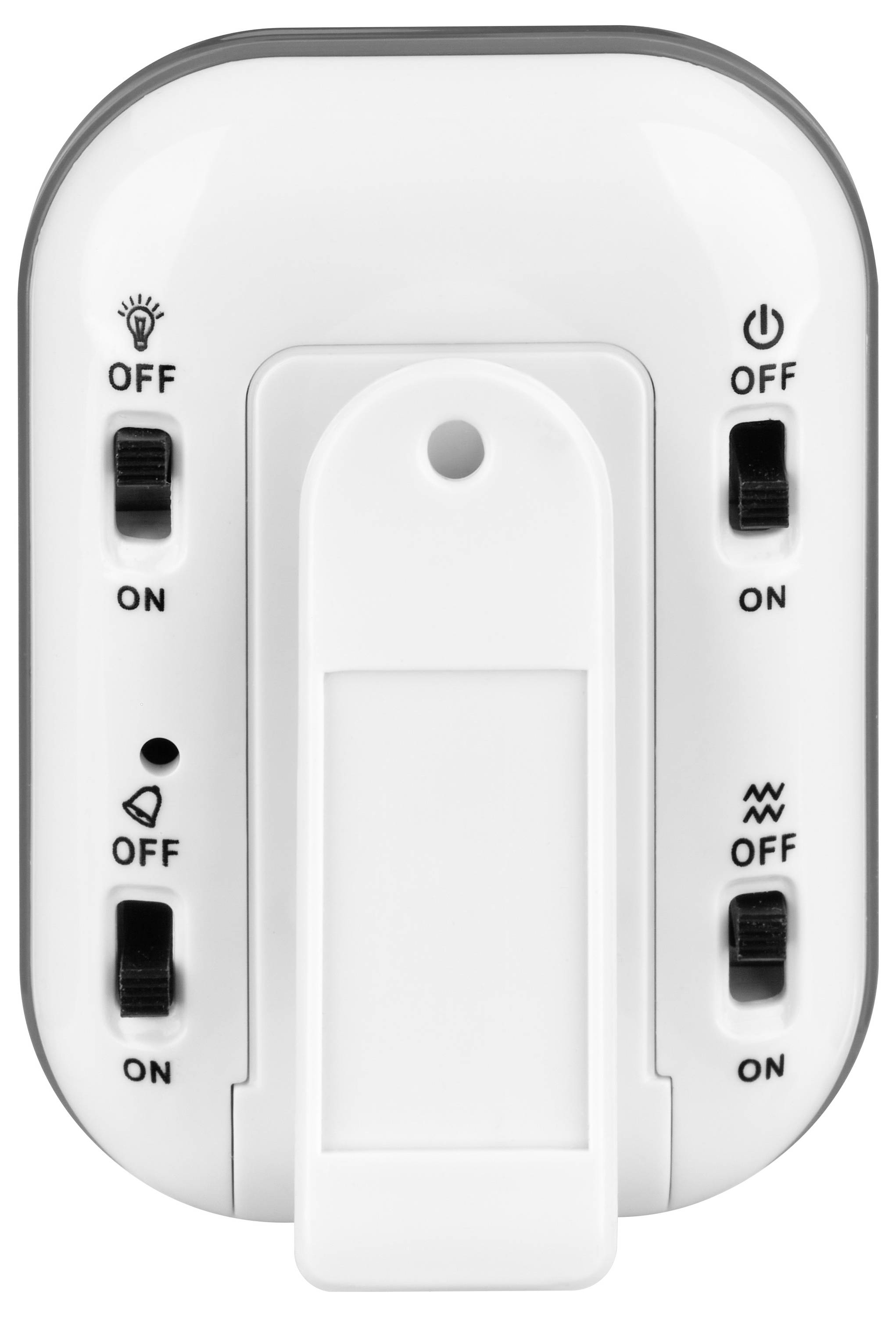 White electric switch with functions: light, alarm signal and two power modes, each with 'ON' and 'OFF' options.