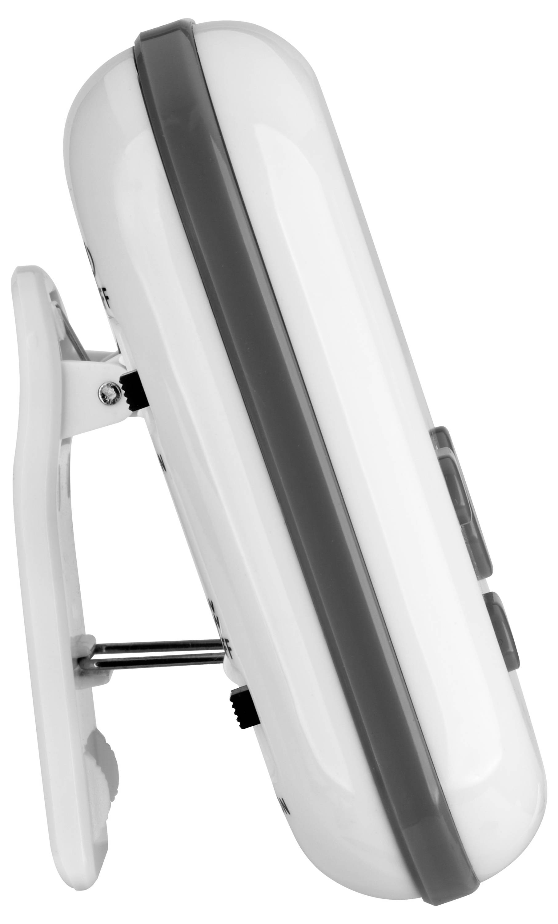 A portable, white and grey electronic device with a side clip, standing on a table.