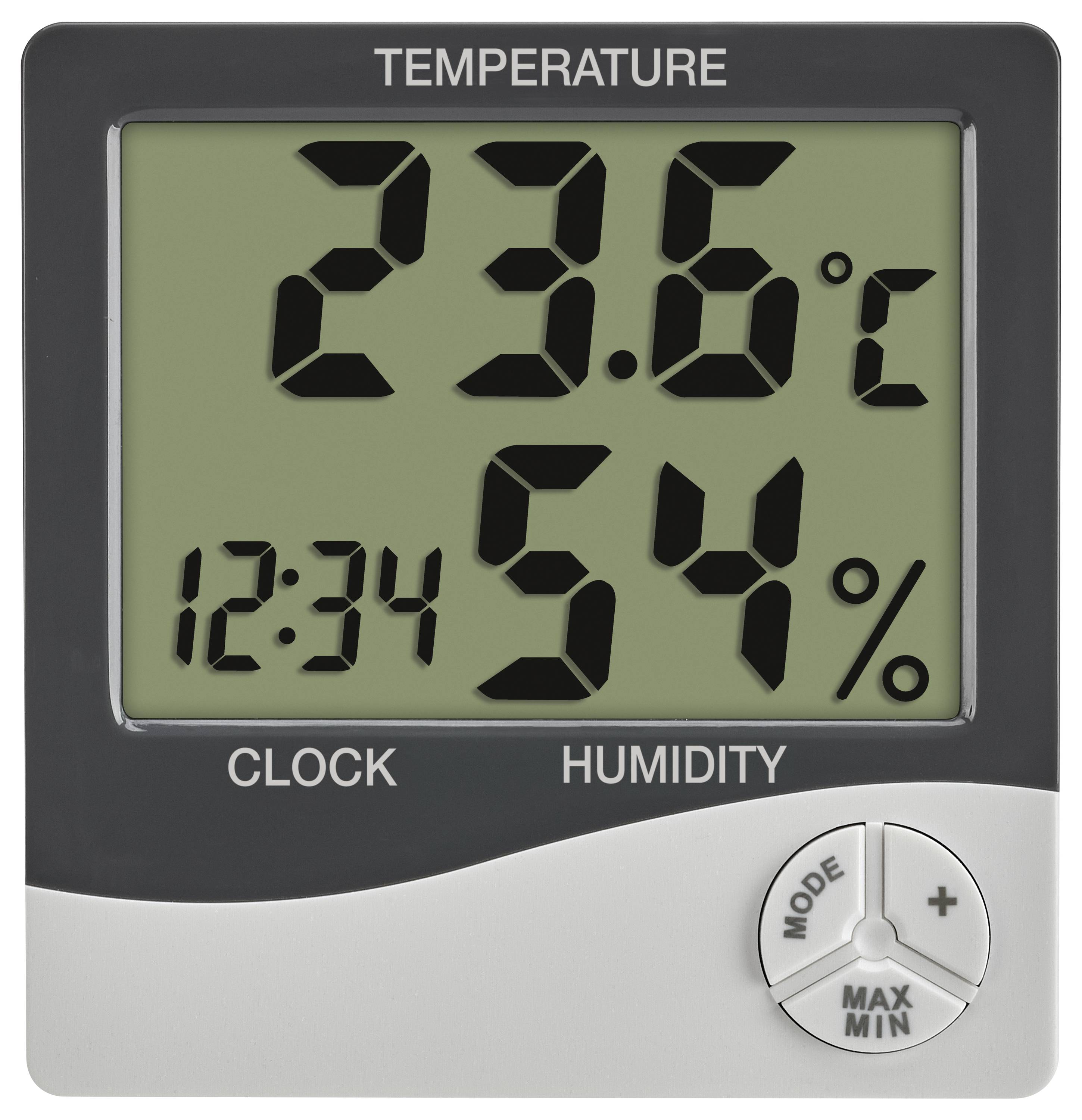 Digital thermometer-hygrometer showing temperature of 23.6°C, humidity at 54%, time 12:34. Mode button below.