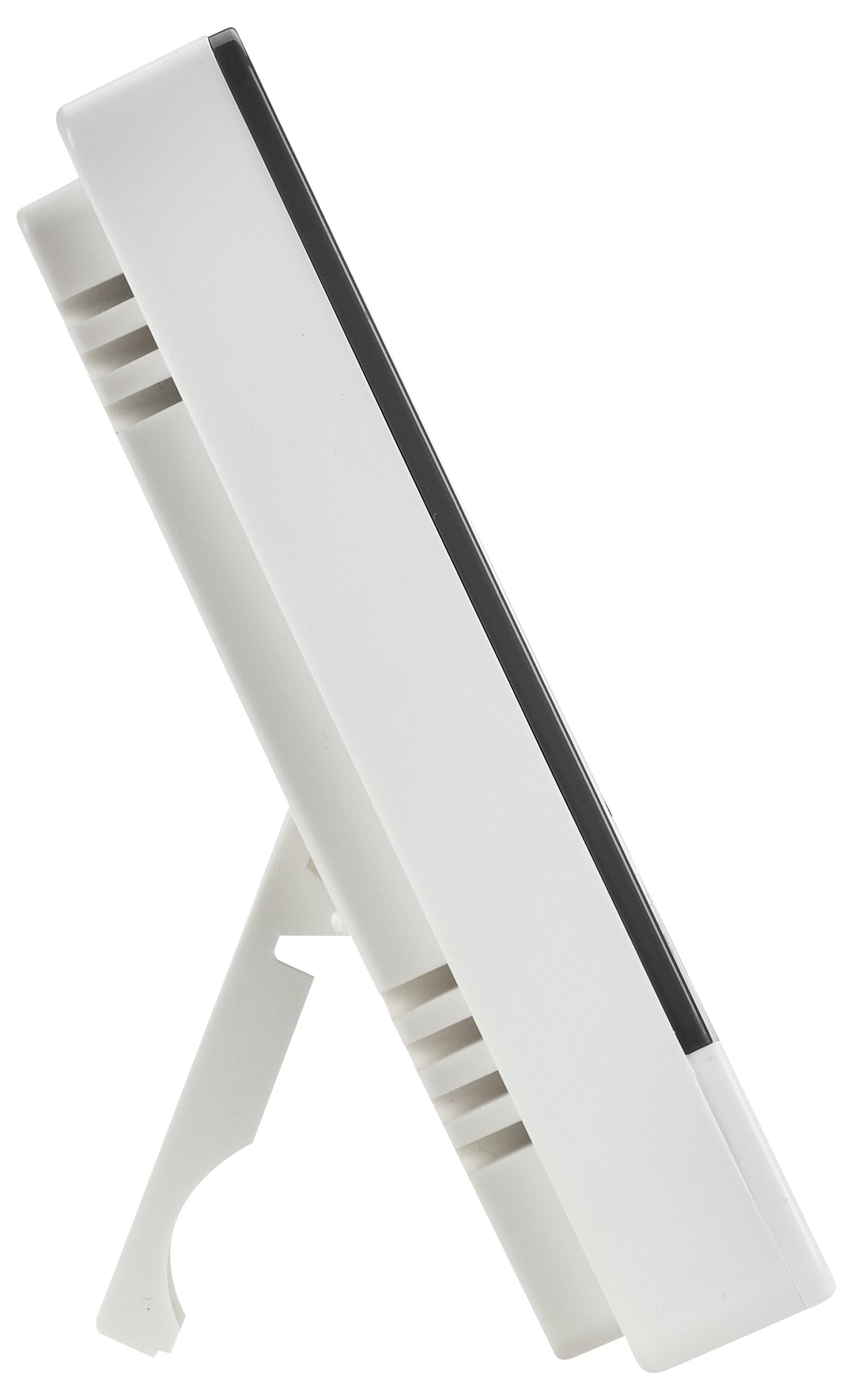 A white, rectangular table device with a fold-out stand, shown from the side.