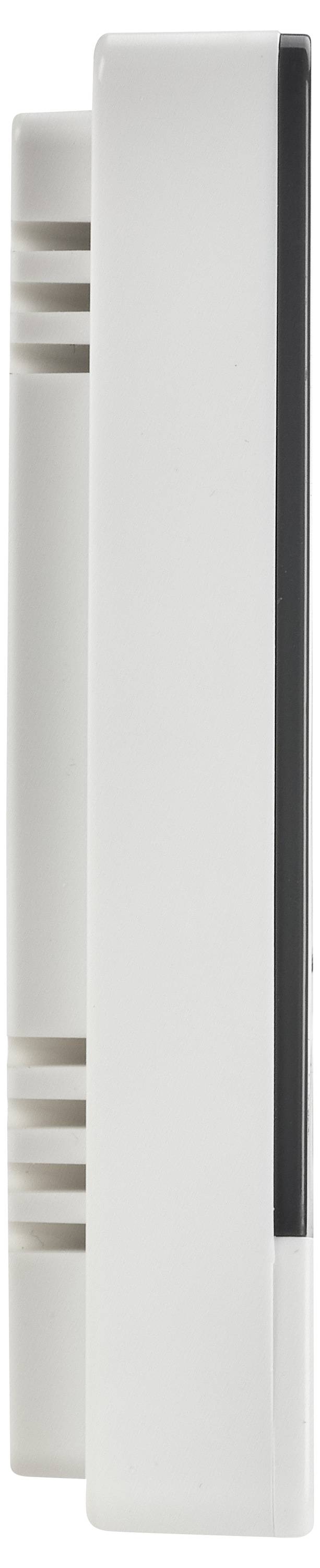 A white, rectangular electronic sensor with ventilation slots and a black element on the side.