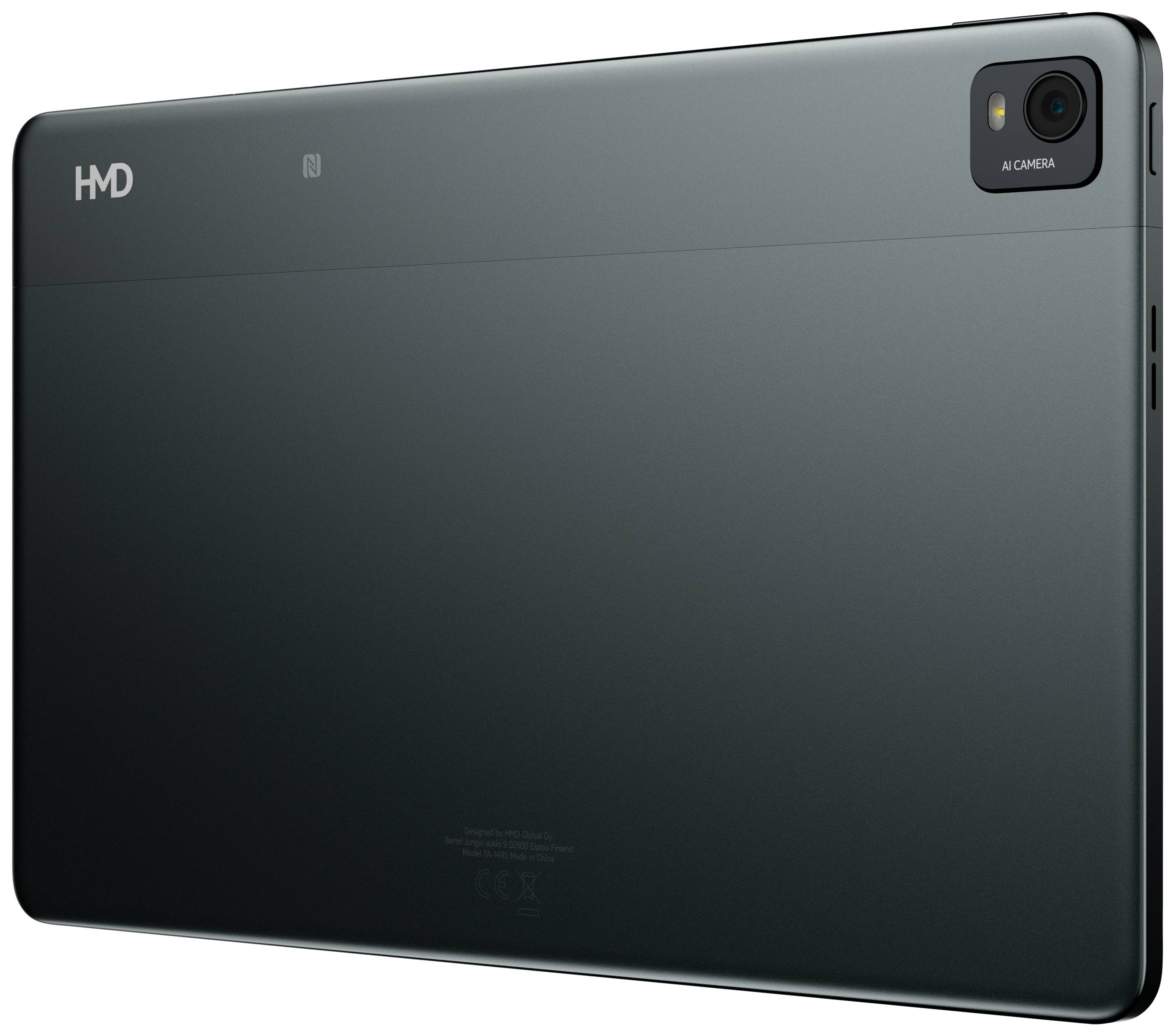 Back of a dark grey tablet with a camera in the top right corner and the 'HMD' logo on the left side.