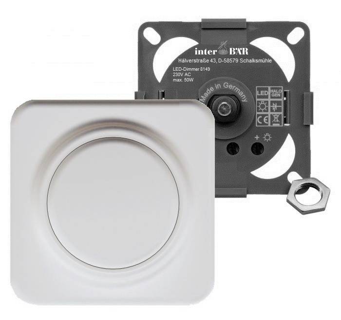 Dimmer with removed rotary knob, rear side showing technical details such as brand, model, and specifications.