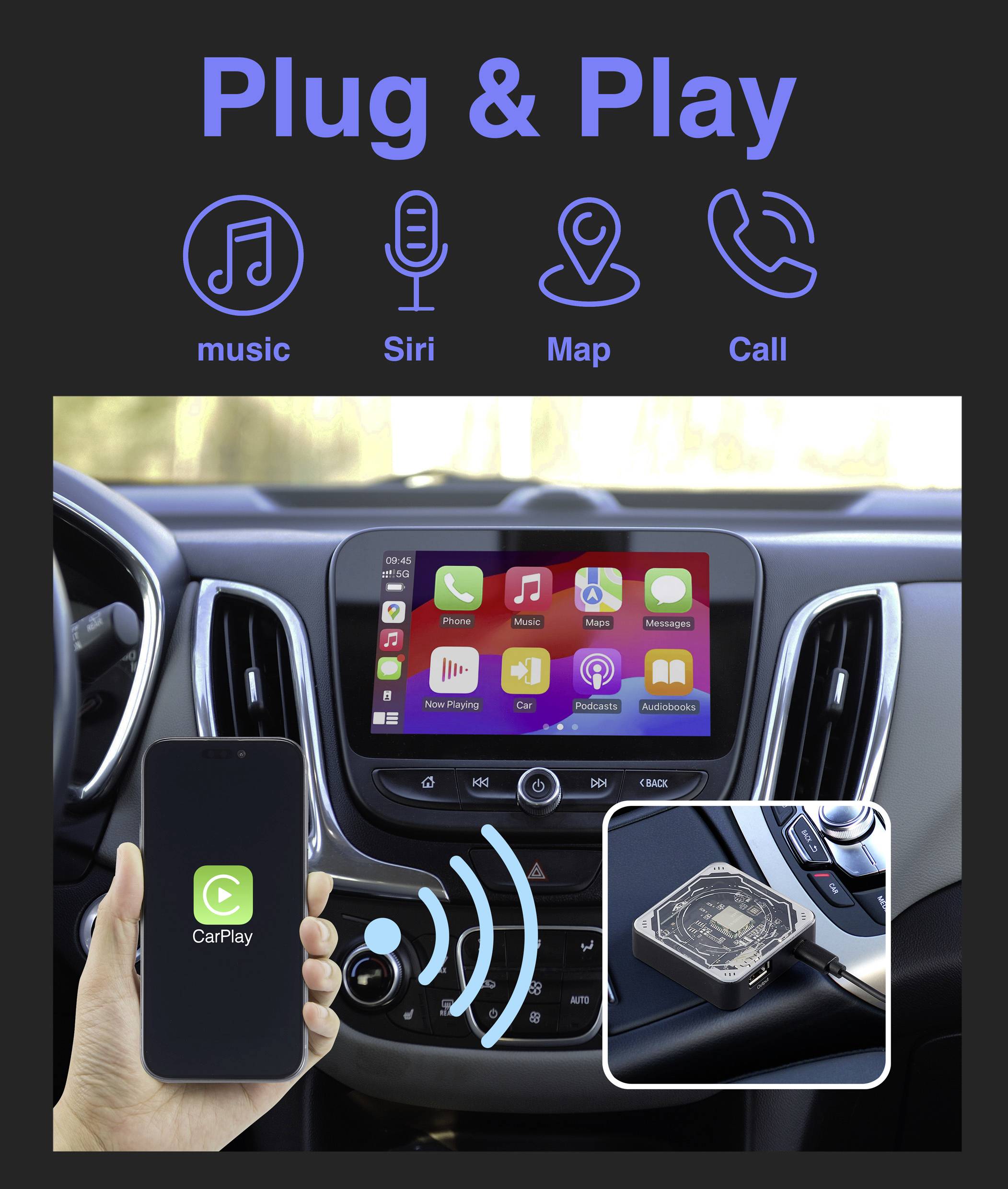A car infotainment system displays an interface with 'CarPlay', music, Siri, maps, and call options, alongside a smartphone with a 'CarPlay' symbol.