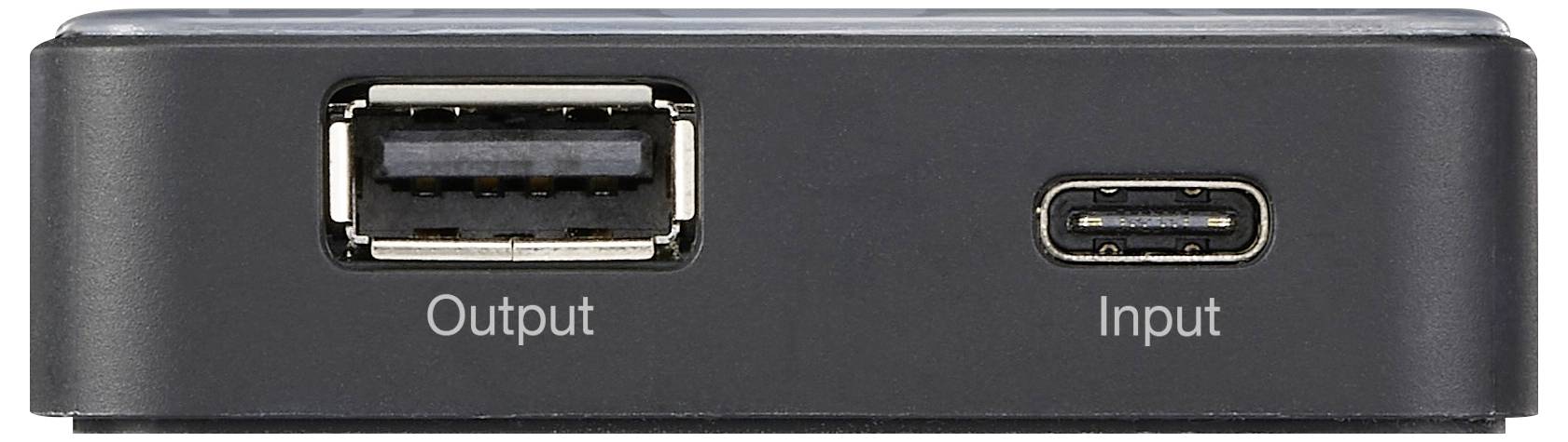Black electronic box with USB port 'Output' on the left and small connection 'Input' on the right, showing connection options.