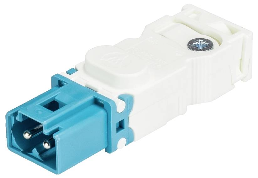 Blue and white electric plug adapter with metal contacts, suitable for industrial applications.