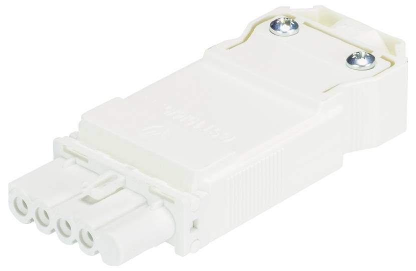 A white electrical plug connector with multiple connection points and two fixing screws.