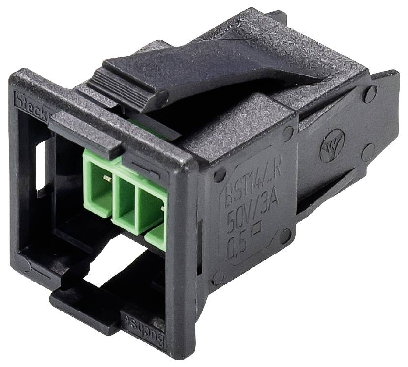 Black connector with three green terminals, suitable for 50V/3A. Application for electrical connections.