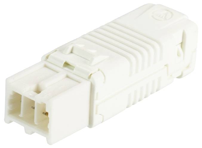 A white, rectangular plug connector with two terminals and a locking mechanism. Suitable for electronic connections.